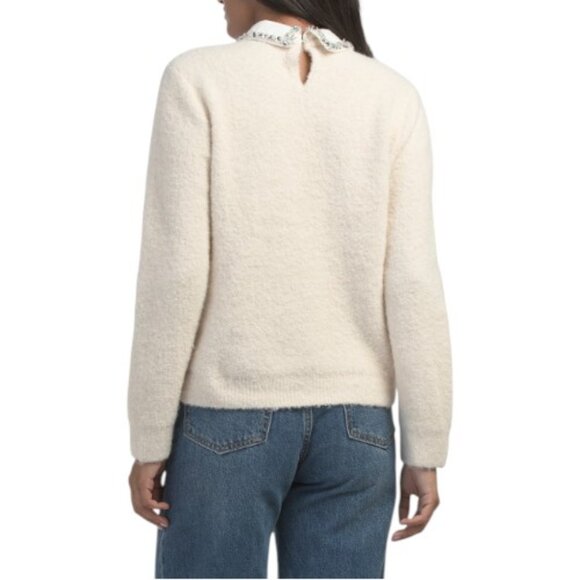 CECE Ivory Boucle Knit Sweater With Jewel Embellished Collar - Picture 2 of 2